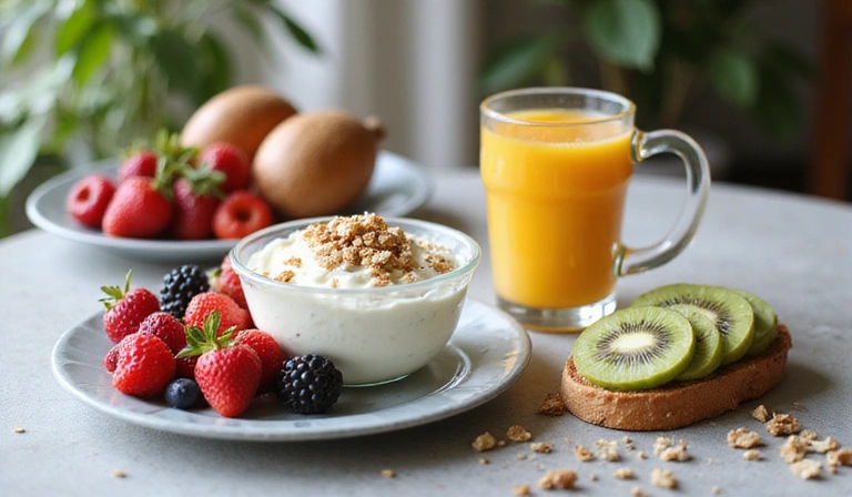 Mesa con un desayuno saludable que incluye frutas frescas, yogur, granola y un vaso de zumo de naranja, todo presentado de forma atractiva bajo luz natural.
