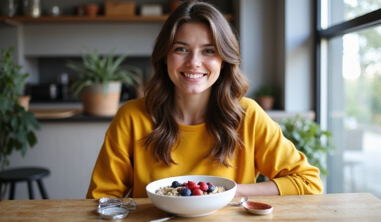 Persona joven y enérgica sonriendo mientras disfruta de un desayuno saludable en un ambiente luminoso, con un tazón de avena y frutas en primer plano. No texto.