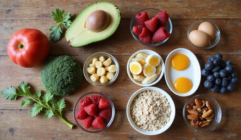 Variedad de ingredientes saludables para desayunos, incluyendo aguacates, huevos, bayas frescas, avena y frutos secos, dispuestos en una tabla de madera sobre un fondo claro. No texto.