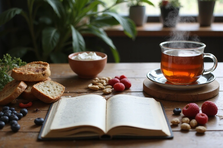 Mesa con un cuaderno, taza de té y alimentos saludables, evocando un ambiente de estudio y bienestar.