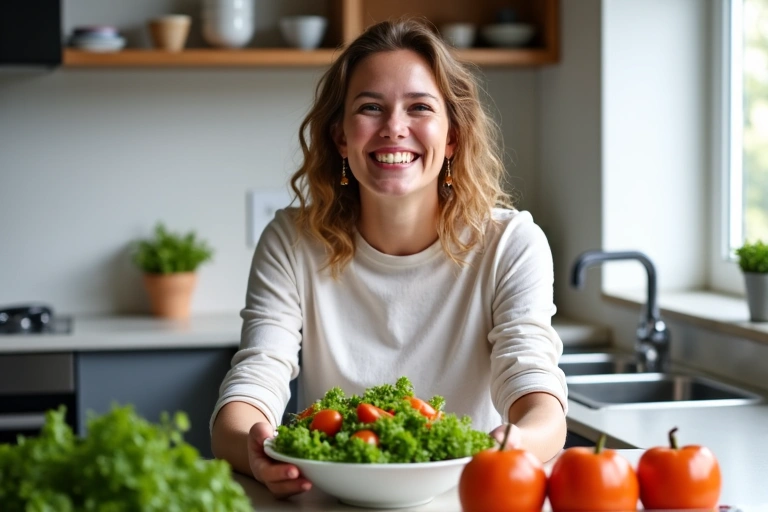Mujer sonriendo mientras come una ensalada saludable