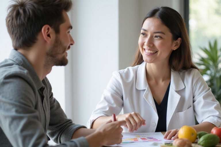 Nutricionista interactuando amistosamente con un cliente en una consulta