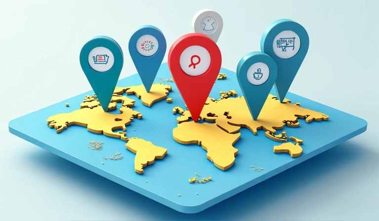 Variedad de iconos de redes sociales y servicios de análisis web flotando sobre un mapa digital