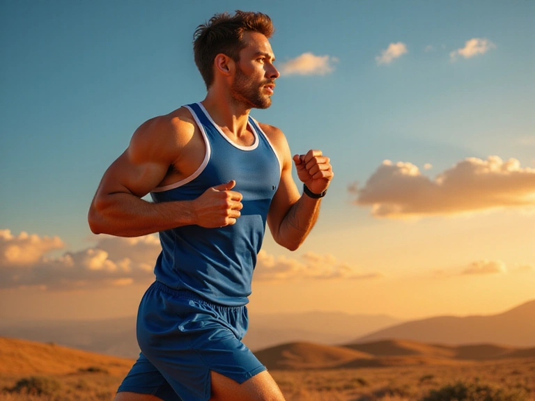 Atleta corriendo con energía y determinación en un entorno dinámico.
