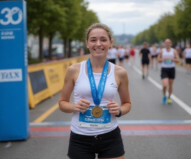 Deportista sonriente mostrando un trofeo.