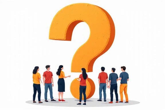 Ilustración de un signo de interrogación estilizado y personas conversando