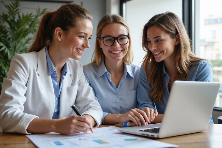 Equipo de Nutrivida Saludable sonriendo y trabajando juntos en una oficina moderna
