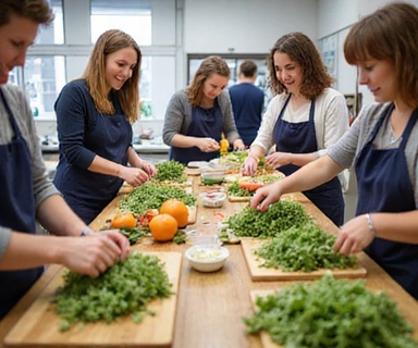 Grupo de personas preparando ensaladas en un taller práctico