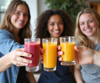 Grupo celebrando el final de un taller con un brindis de zumos naturales