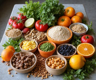 Mesa llena de alimentos saludables durante una demostración de cocina