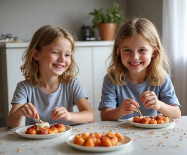 Niños riendo mientras decoran frutas en un taller infantil