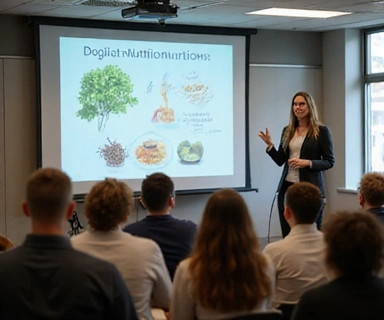 Nutricionista explicando conceptos en una charla con diapositivas